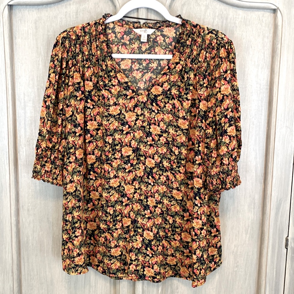 Terra & Sky Black Floral Puff Sleeve Blouse with Peach and Green Accents